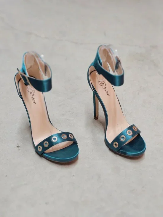 Teal Satin High Heel Sandals With Ankle Strap & Grommet Detail Womens - Picture 3 of 13
